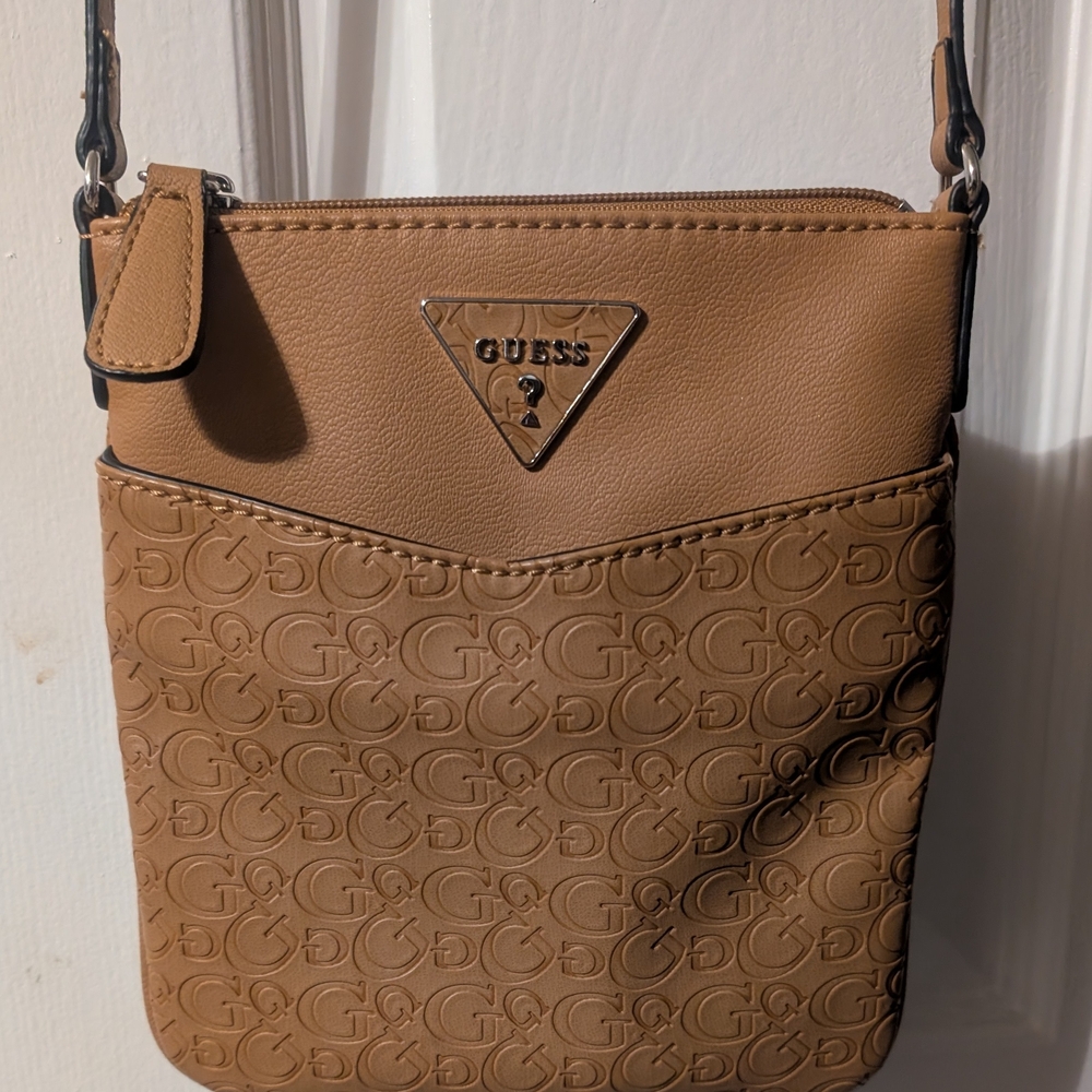 Guess Tan Crossbody Bag with Logo Pattern and Gold Hardware
